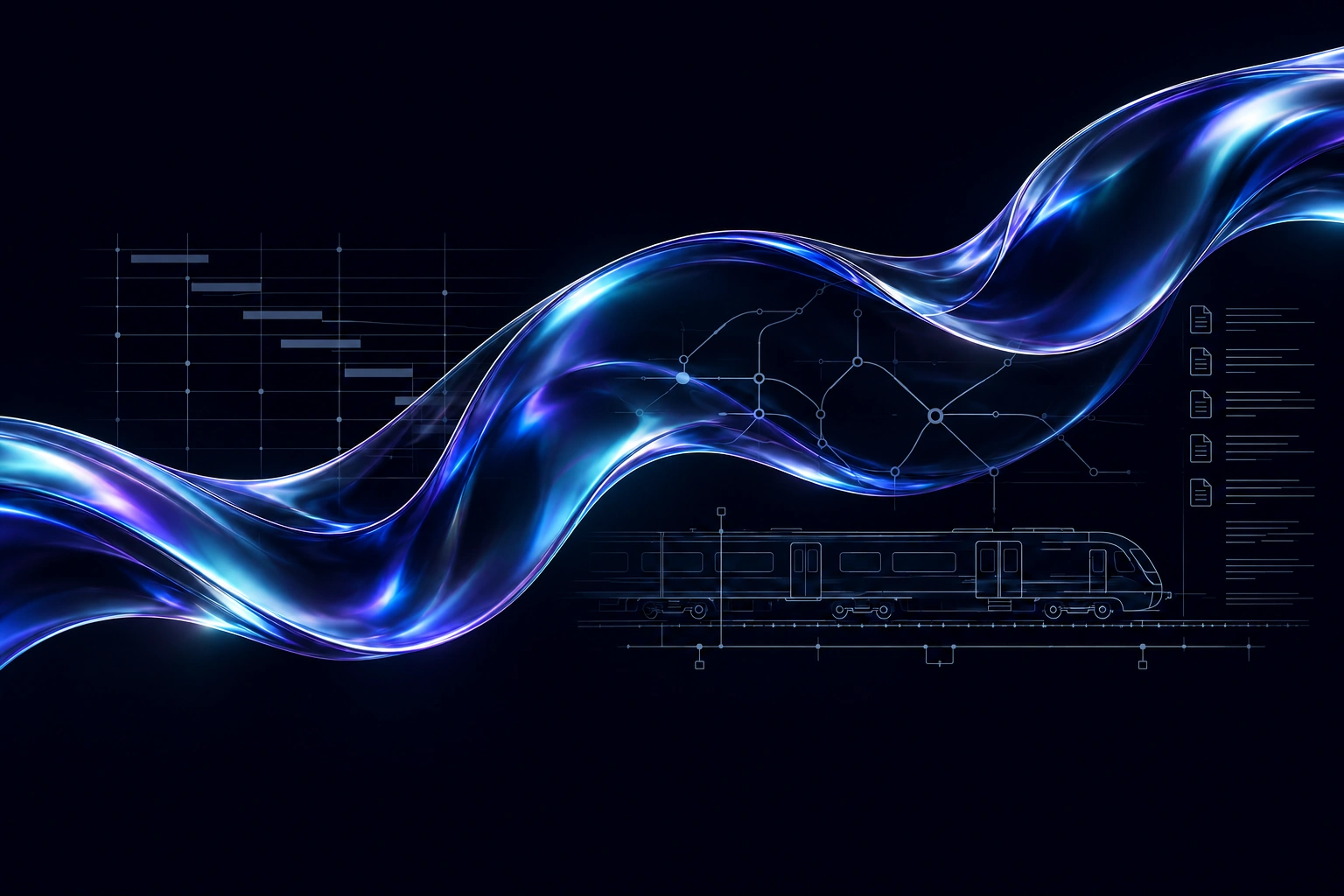 An iridescent flow crosses timetable, network, rail asset and document details, suggesting recovery intelligence across existing systems.